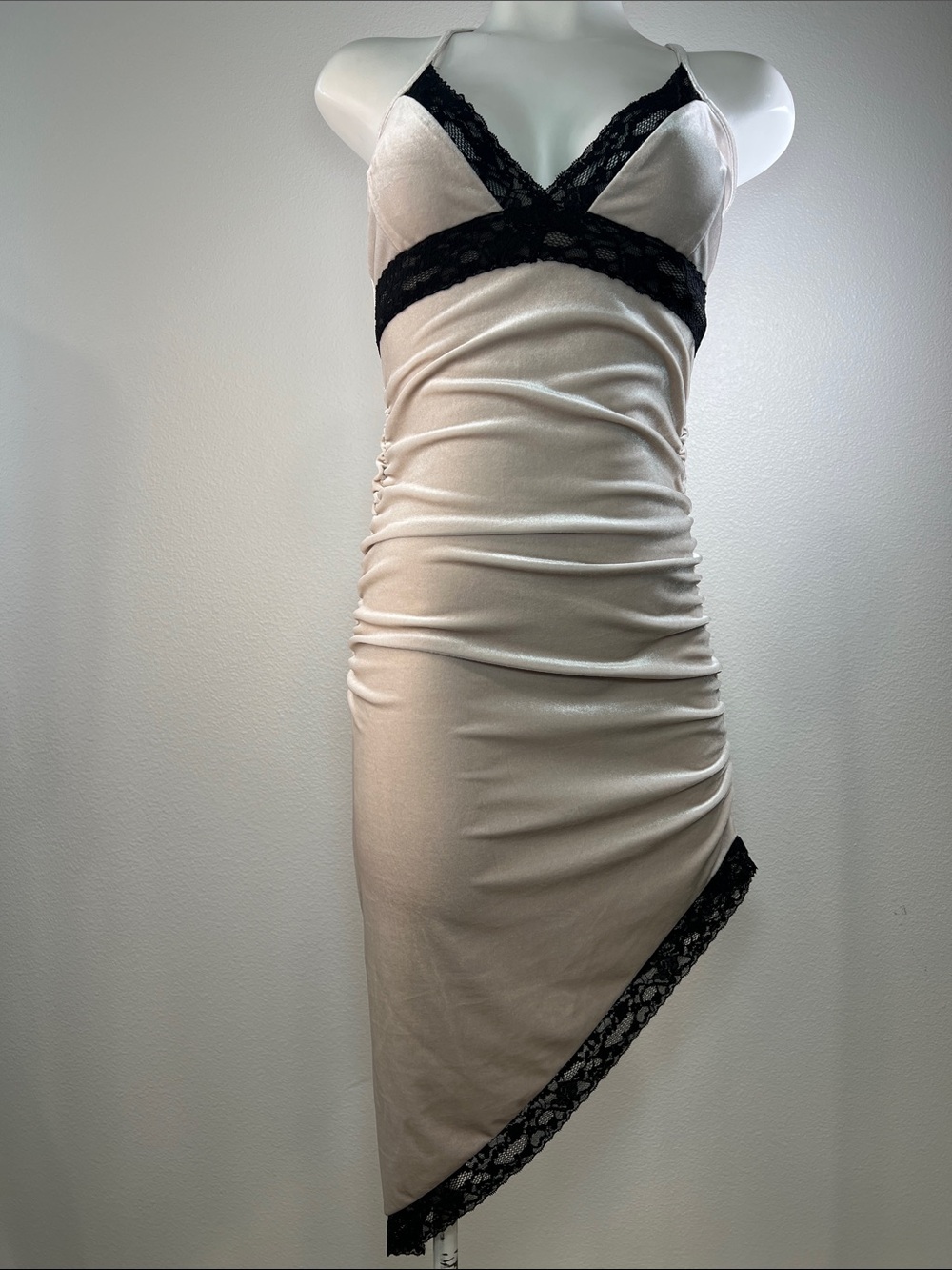 Forever 21 Cream Beige Velvet Midi Dress with Black Lace Trim MEDIUM